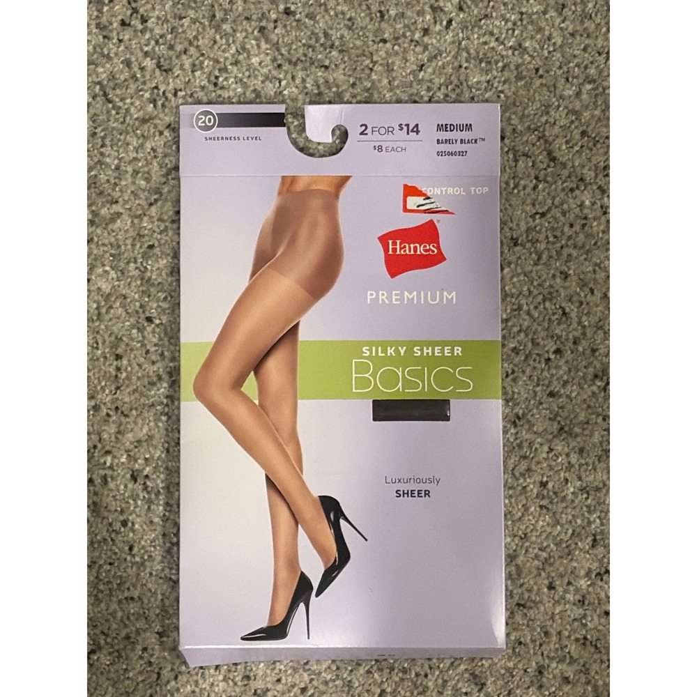Hanes Premium Silky Sheer Basics Control Top Pantyhose Barely‎ Black Medium NIP